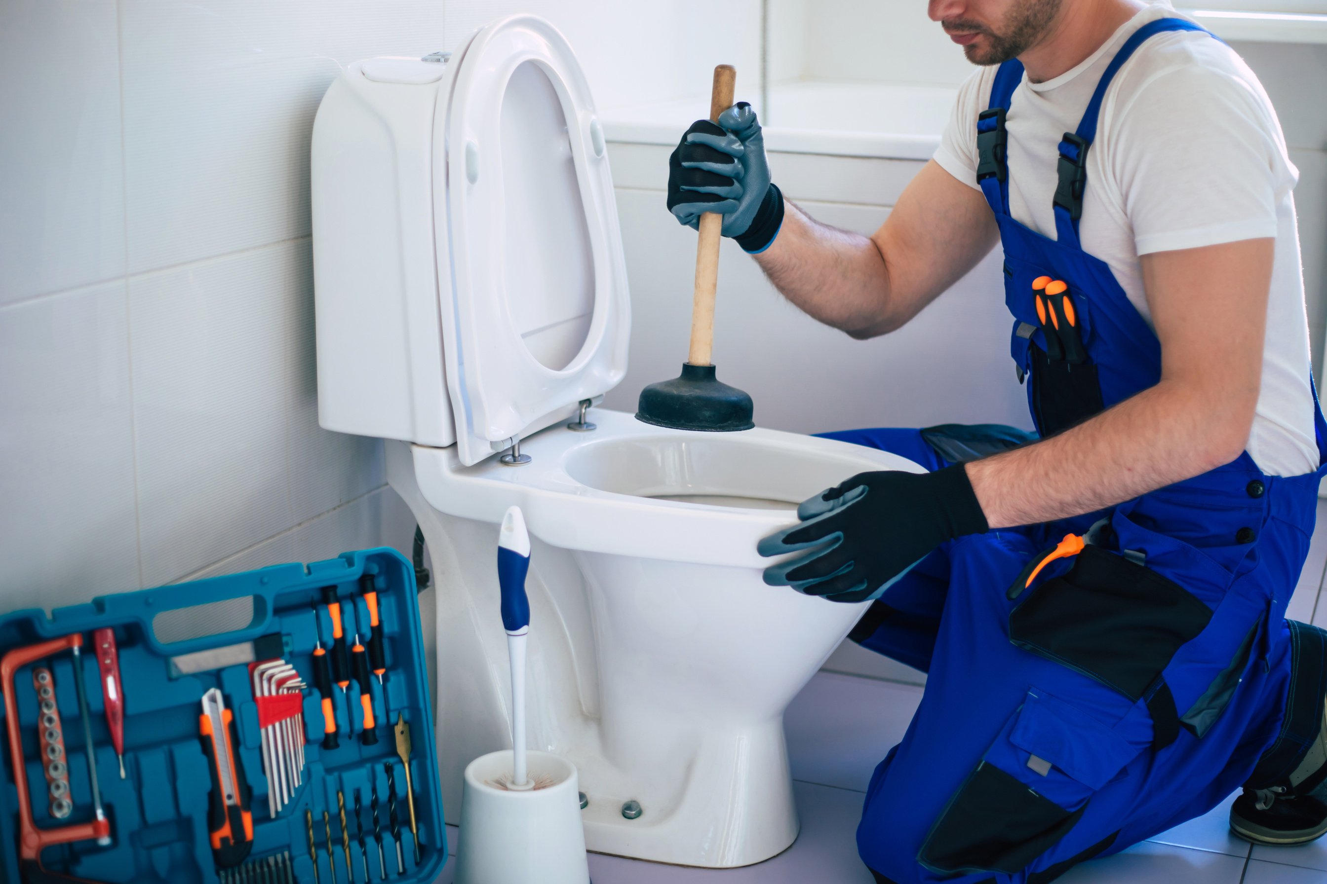 Plumber Working on Clogged Toilet